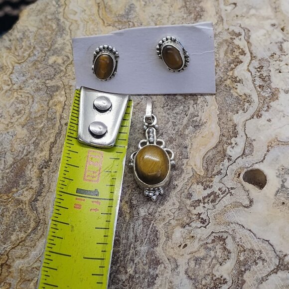 Sterling Silver Tiger's Eye Stud Earrings & Pendant Set Boho Dainty - Picture 3 of 8